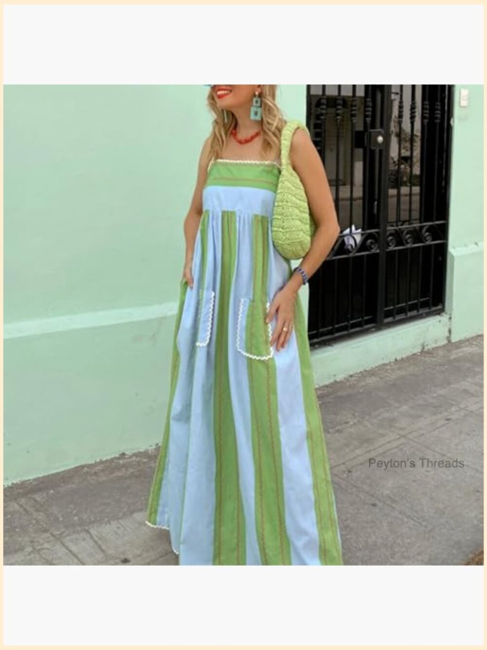 Striped Square Neck Spaghetti Strap Maxi Dress with Pockets - Picture 4 of 6